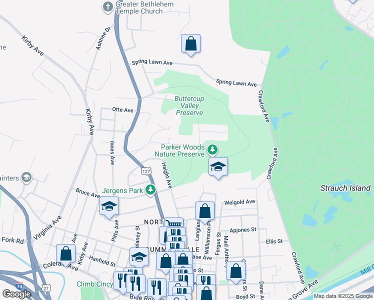 map of restaurants, bars, coffee shops, grocery stores, and more near 1546 Glen Parker Avenue in Cincinnati