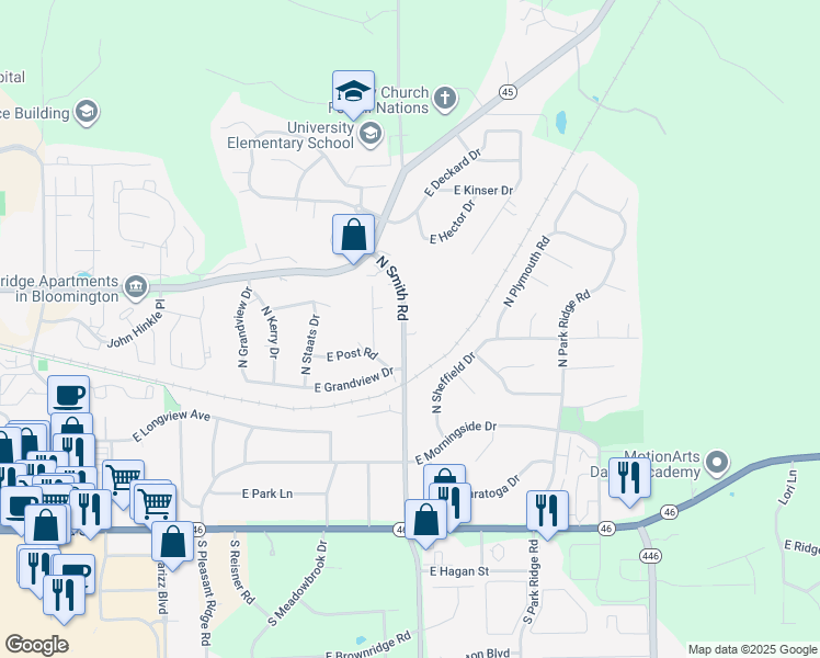 map of restaurants, bars, coffee shops, grocery stores, and more near 800 North Smith Road in Bloomington