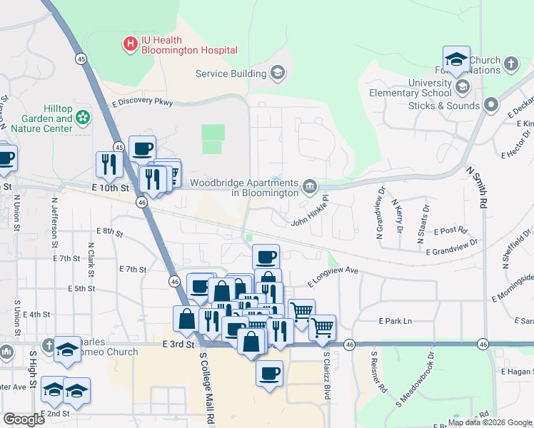 map of restaurants, bars, coffee shops, grocery stores, and more near in Bloomington