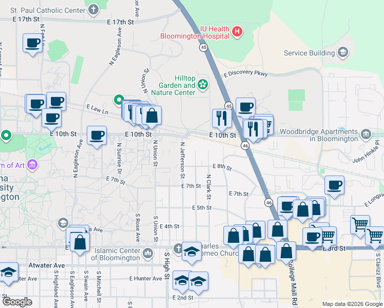 map of restaurants, bars, coffee shops, grocery stores, and more near in Bloomington