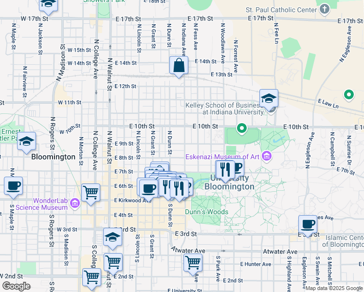 map of restaurants, bars, coffee shops, grocery stores, and more near 525 North Indiana Avenue in Bloomington