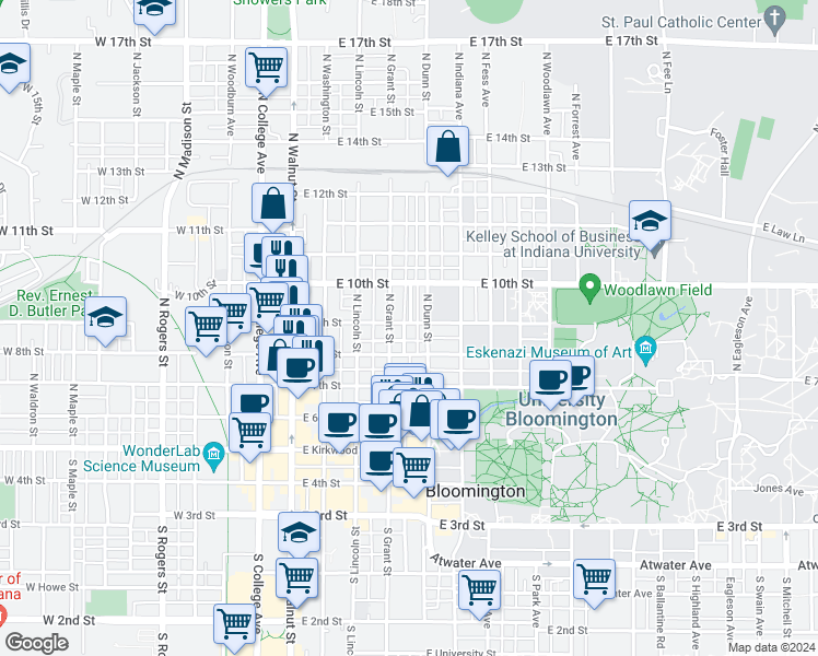map of restaurants, bars, coffee shops, grocery stores, and more near 515 North Prow Avenue in Bloomington