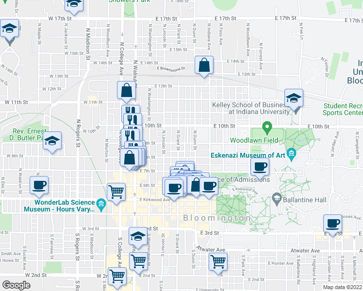 map of restaurants, bars, coffee shops, grocery stores, and more near 515 North Prow Avenue in Bloomington