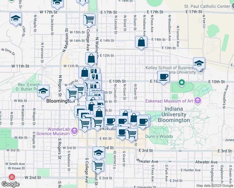 map of restaurants, bars, coffee shops, grocery stores, and more near 515 North Grant Street in Bloomington