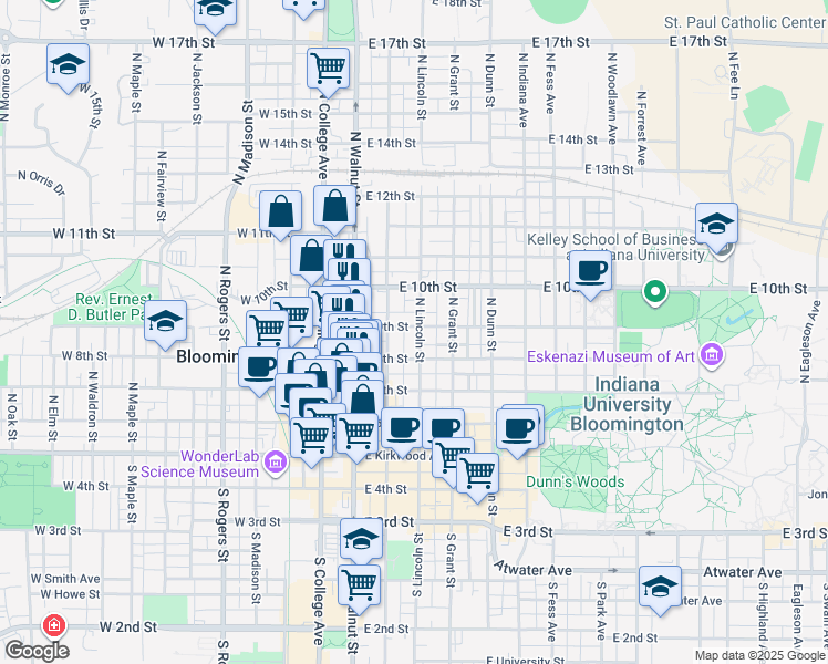 map of restaurants, bars, coffee shops, grocery stores, and more near 514 North Washington Street in Bloomington