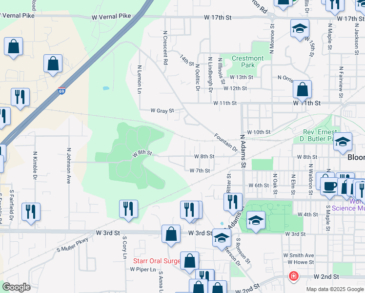 map of restaurants, bars, coffee shops, grocery stores, and more near 498 N Spring St in Bloomington