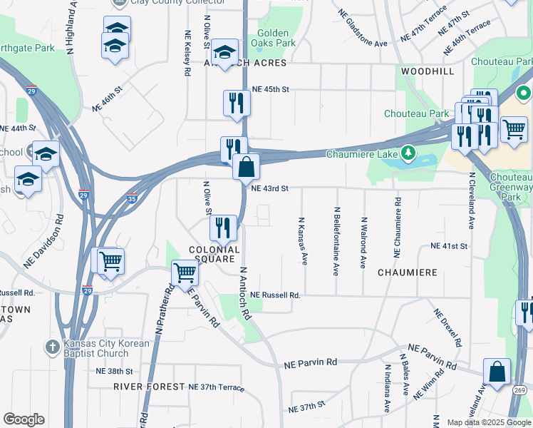 map of restaurants, bars, coffee shops, grocery stores, and more near 2633 Northeast 43rd Street in Kansas City
