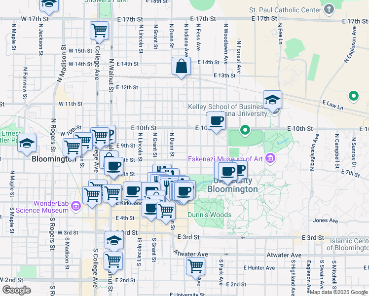 map of restaurants, bars, coffee shops, grocery stores, and more near 525 North Indiana Avenue in Bloomington