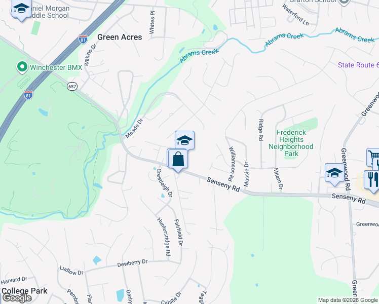 map of restaurants, bars, coffee shops, grocery stores, and more near 1481 Senseny Road in Winchester