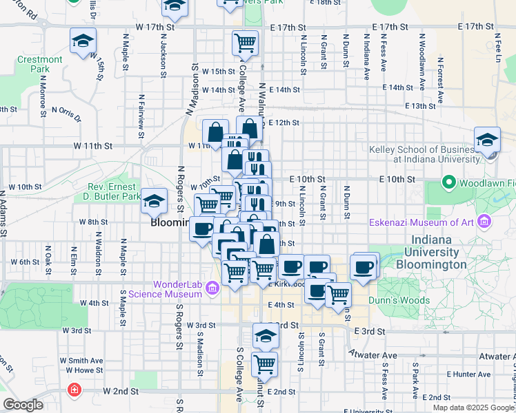 map of restaurants, bars, coffee shops, grocery stores, and more near 520 North Walnut Street in Bloomington