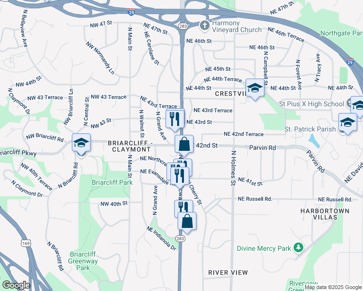 map of restaurants, bars, coffee shops, grocery stores, and more near N Oak Trafficway & NE 42nd St in Kansas City
