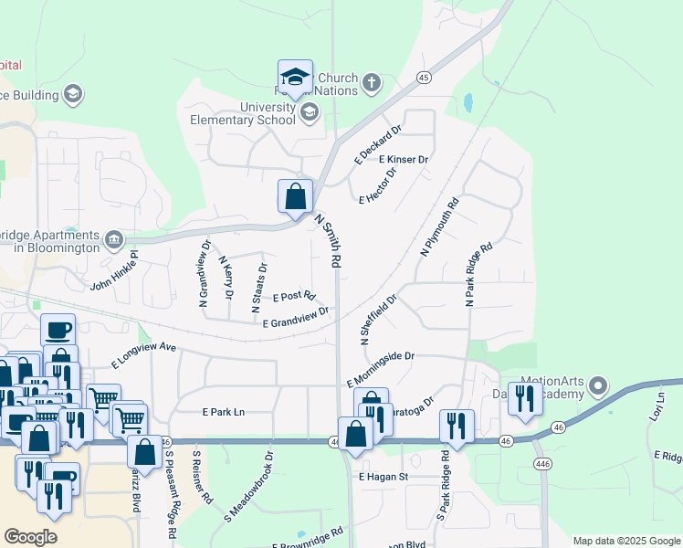 map of restaurants, bars, coffee shops, grocery stores, and more near 800 North Smith Road in Bloomington