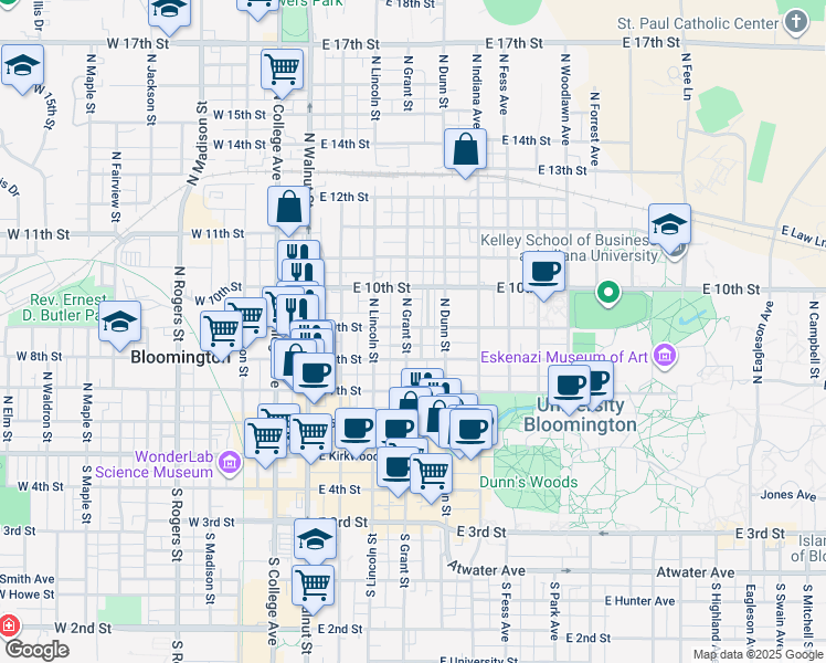 map of restaurants, bars, coffee shops, grocery stores, and more near 515 North Prow Avenue in Bloomington