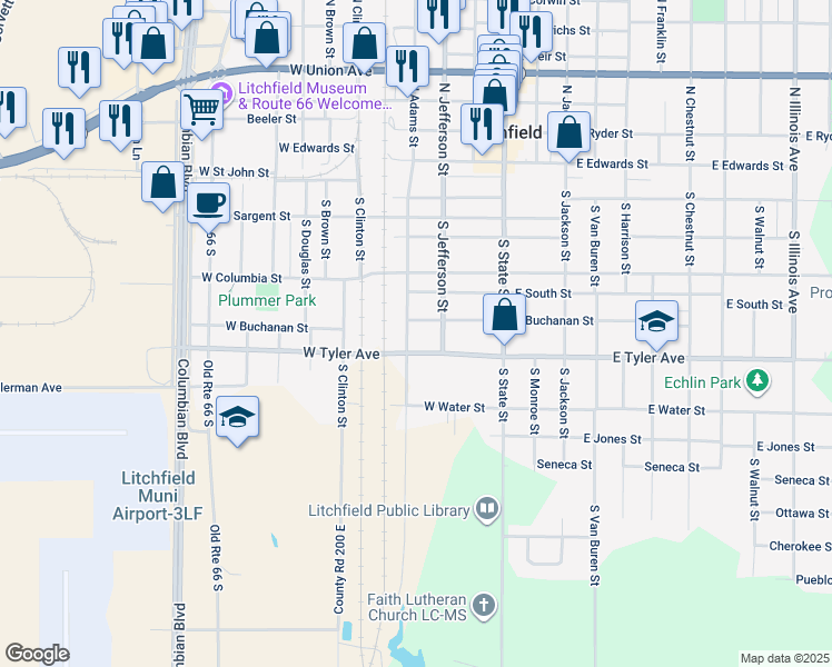 map of restaurants, bars, coffee shops, grocery stores, and more near 324 West South Street in Litchfield
