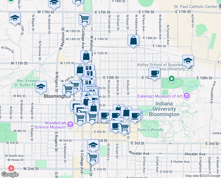 map of restaurants, bars, coffee shops, grocery stores, and more near 515 North Grant Street in Bloomington