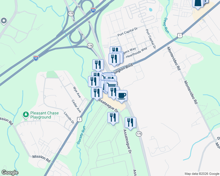 map of restaurants, bars, coffee shops, grocery stores, and more near 7222 Waterloo Road in Jessup