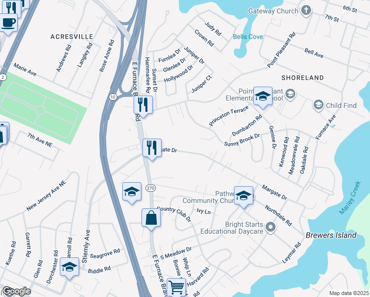map of restaurants, bars, coffee shops, grocery stores, and more near 136 Margate Drive in Glen Burnie