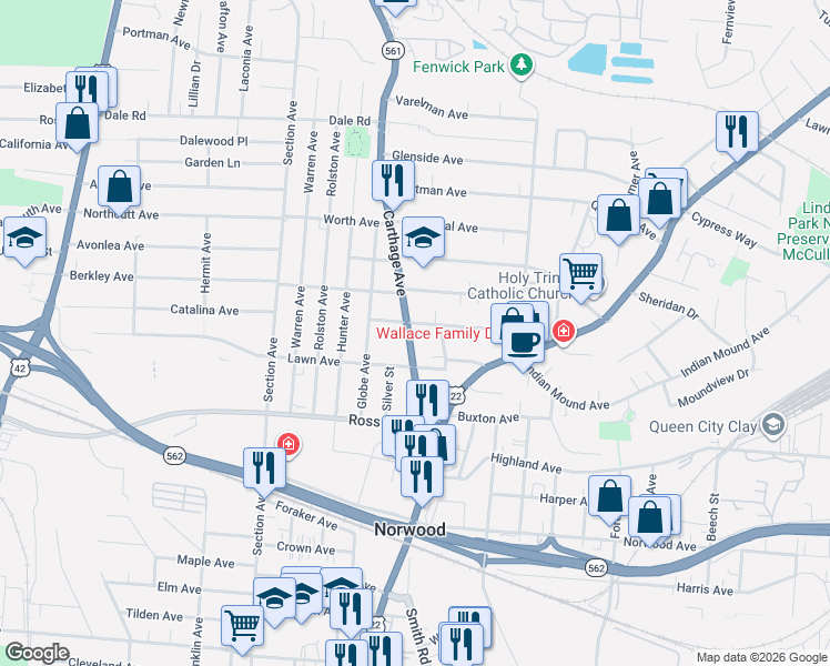 map of restaurants, bars, coffee shops, grocery stores, and more near 5301 Ohio 561 in Norwood
