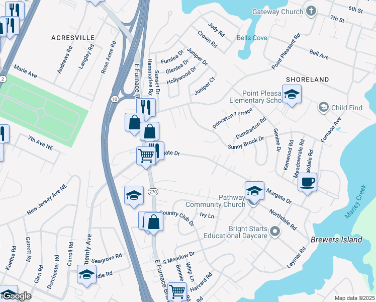 map of restaurants, bars, coffee shops, grocery stores, and more near 136 Margate Drive in Glen Burnie