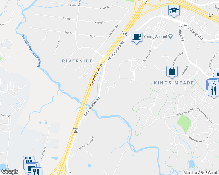 map of restaurants, bars, coffee shops, grocery stores, and more near 7310 Rocky Creek Drive in Columbia