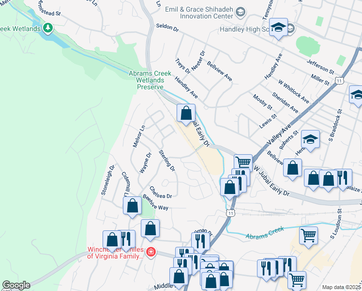 map of restaurants, bars, coffee shops, grocery stores, and more near 1802 Tilghman Lane in Winchester