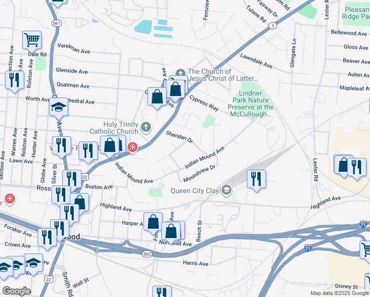 map of restaurants, bars, coffee shops, grocery stores, and more near 2545 Sheridan Drive in Cincinnati