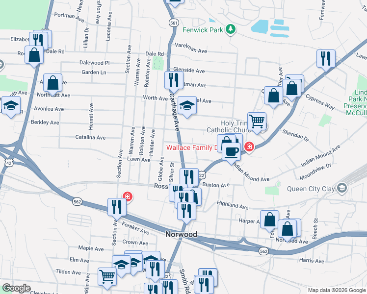 map of restaurants, bars, coffee shops, grocery stores, and more near 5301 Ohio 561 in Norwood