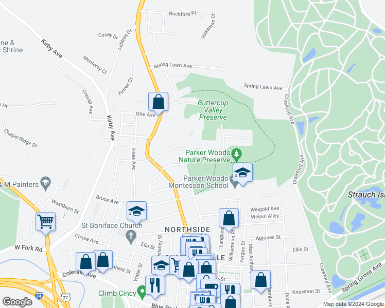 map of restaurants, bars, coffee shops, grocery stores, and more near 1582 Glen Parker Avenue in Cincinnati