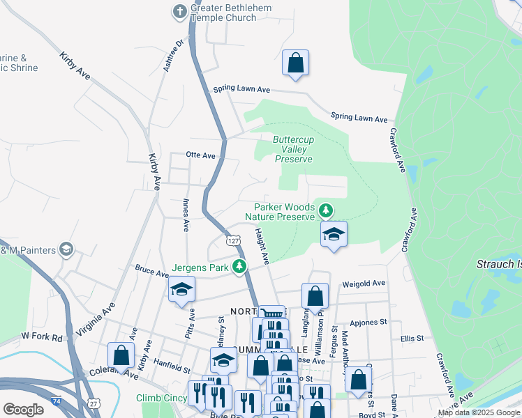 map of restaurants, bars, coffee shops, grocery stores, and more near 1582 Glen Parker Avenue in Cincinnati