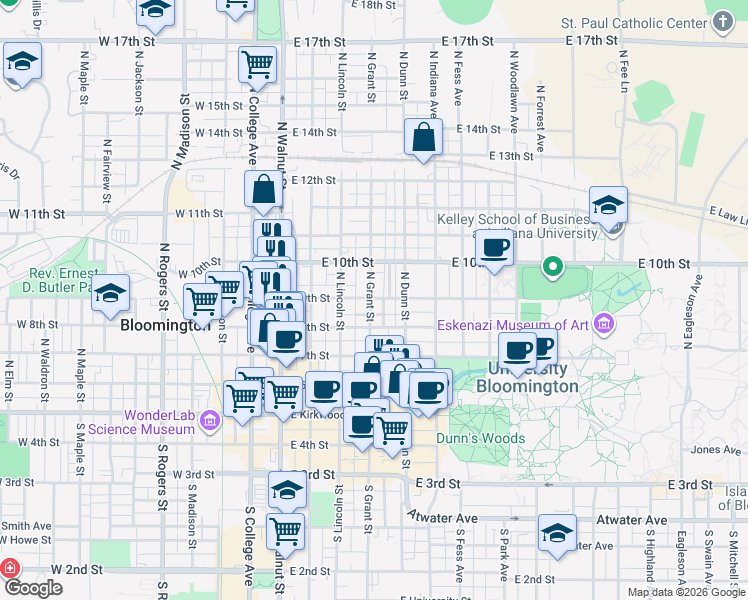 map of restaurants, bars, coffee shops, grocery stores, and more near 515 North Prow Avenue in Bloomington