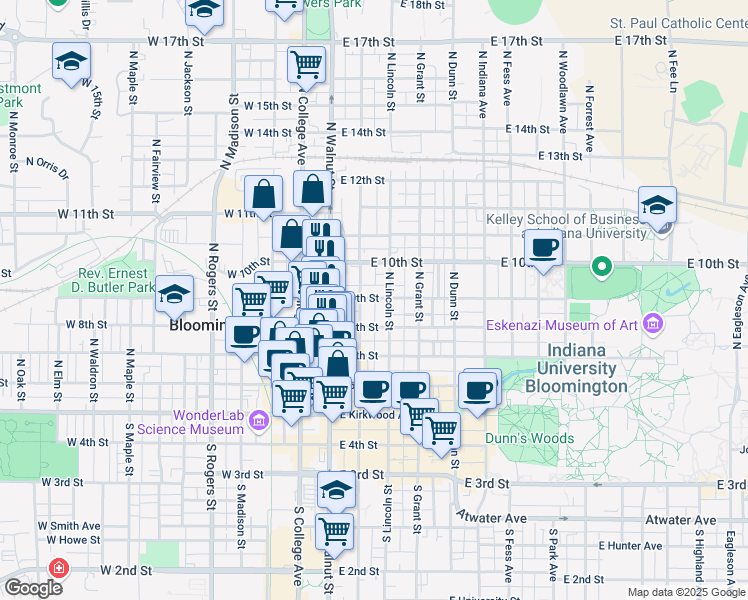 map of restaurants, bars, coffee shops, grocery stores, and more near 514 North Washington Street in Bloomington