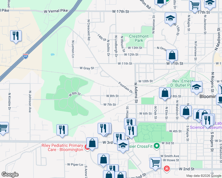map of restaurants, bars, coffee shops, grocery stores, and more near 1319-1803 W Vernal Pike in Bloomington