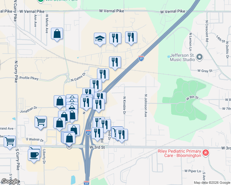 map of restaurants, bars, coffee shops, grocery stores, and more near Highway 37 in Bloomington
