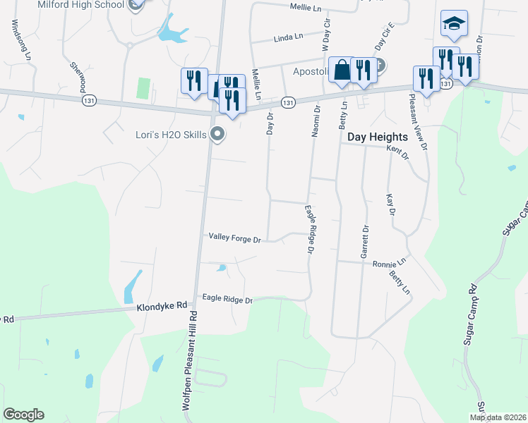 map of restaurants, bars, coffee shops, grocery stores, and more near 1284 Eagle Ridge Drive in Milford