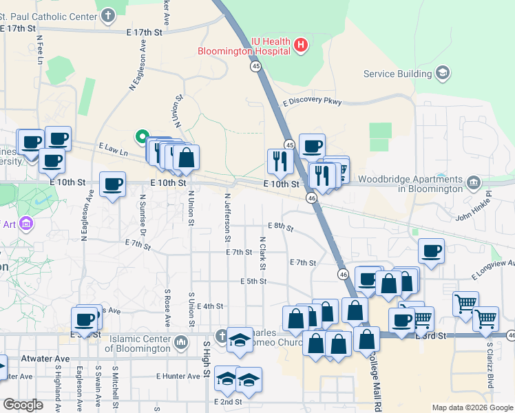map of restaurants, bars, coffee shops, grocery stores, and more near 421 North Clark Street in Bloomington