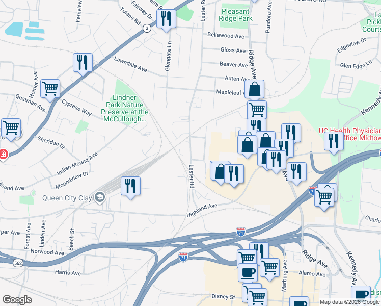 map of restaurants, bars, coffee shops, grocery stores, and more near 5326 Lester Road in Cincinnati