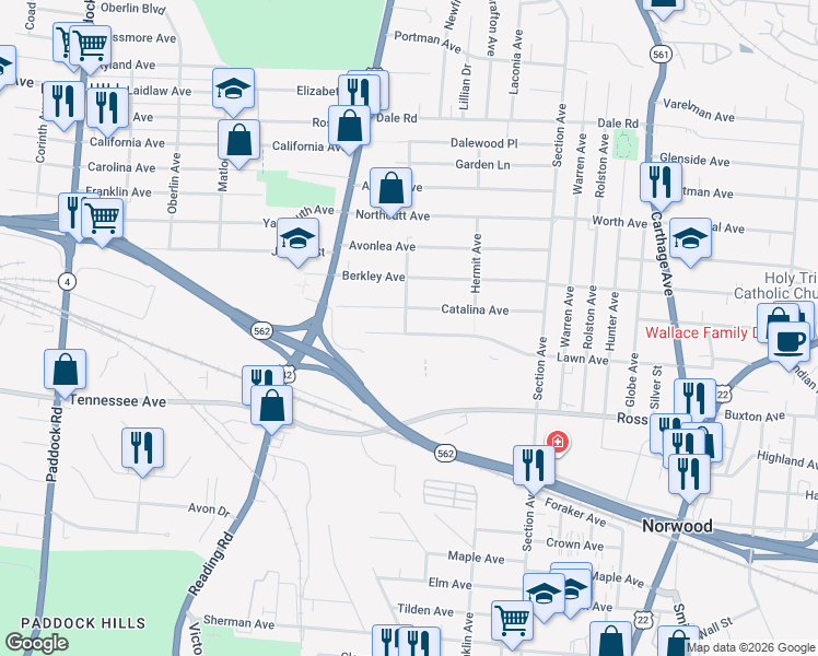 map of restaurants, bars, coffee shops, grocery stores, and more near 1765 Catalina Avenue in Cincinnati