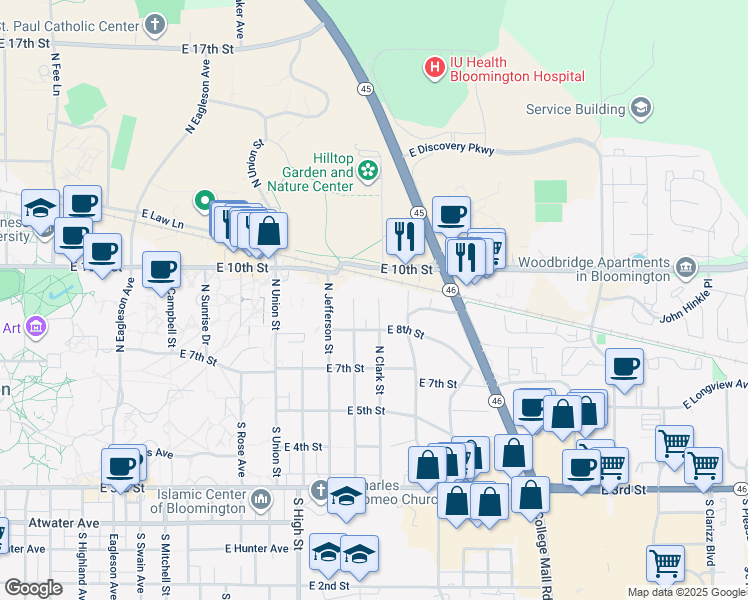 map of restaurants, bars, coffee shops, grocery stores, and more near in Bloomington