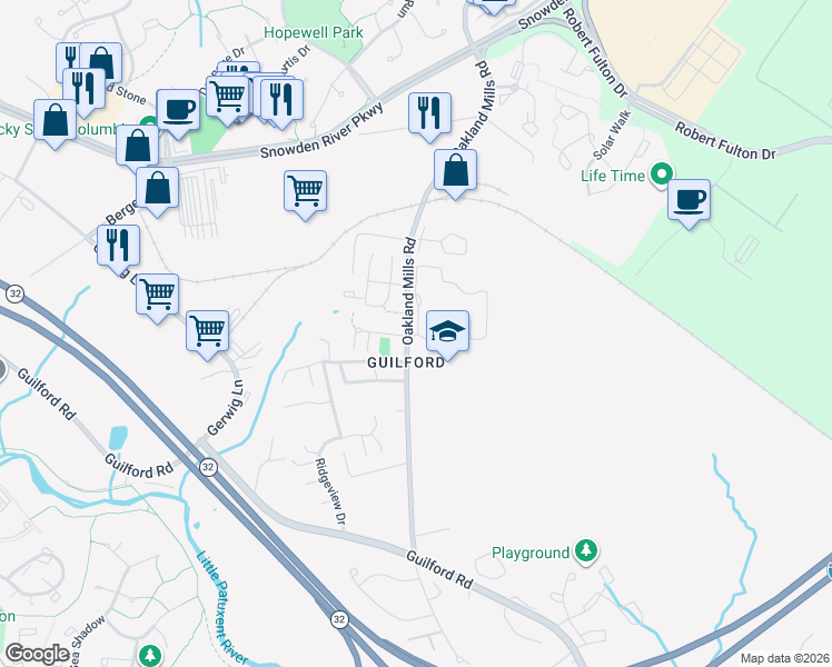 map of restaurants, bars, coffee shops, grocery stores, and more near 7213 Monarch Mills Way in Columbia
