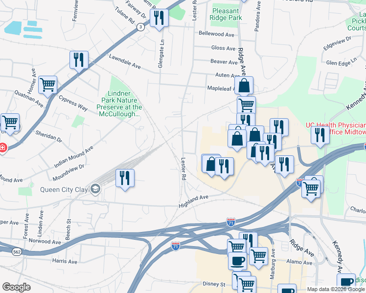 map of restaurants, bars, coffee shops, grocery stores, and more near 5326 Lester Road in Cincinnati