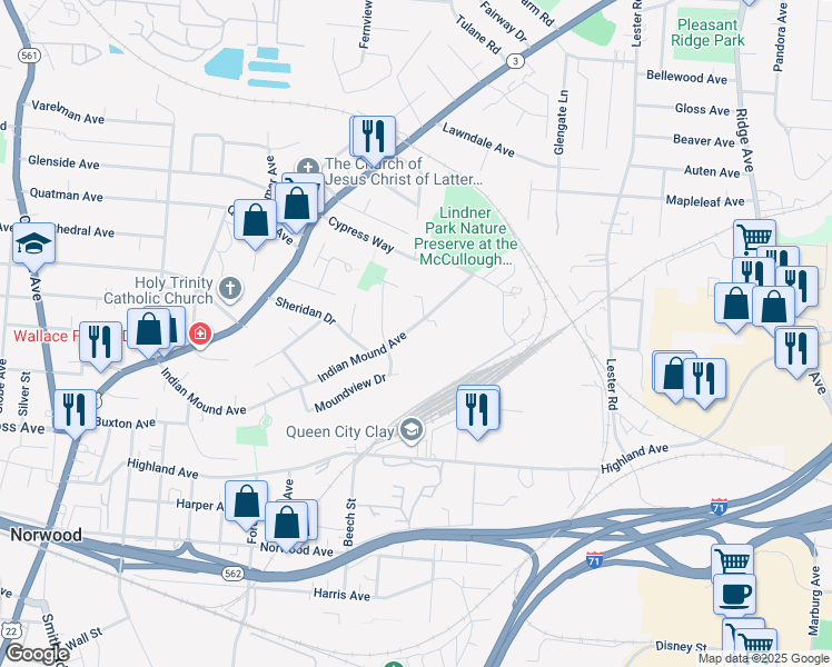 map of restaurants, bars, coffee shops, grocery stores, and more near 5331 Indian Mound Avenue in Cincinnati