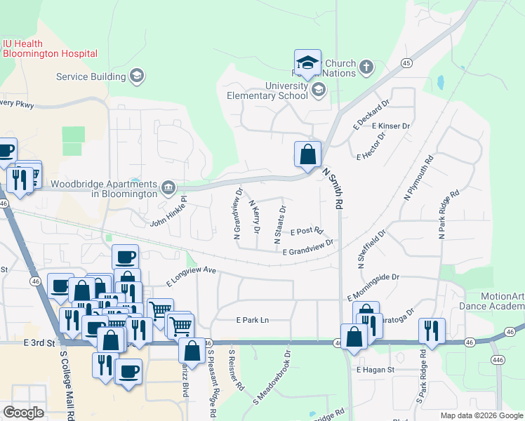 map of restaurants, bars, coffee shops, grocery stores, and more near 3524 East Hollywood Drive in Bloomington