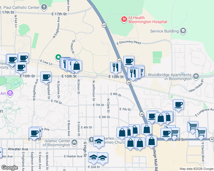 map of restaurants, bars, coffee shops, grocery stores, and more near in Bloomington
