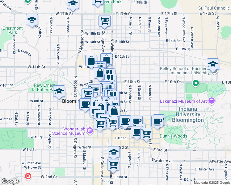 map of restaurants, bars, coffee shops, grocery stores, and more near in Bloomington