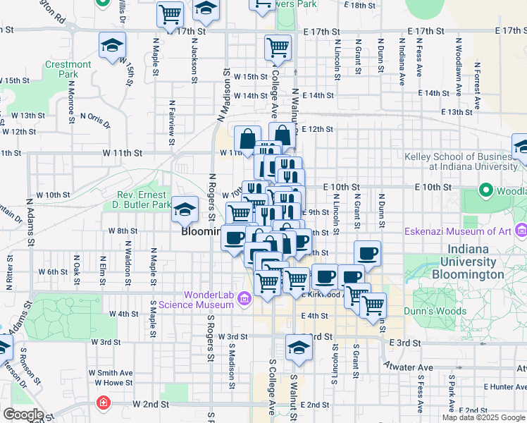 map of restaurants, bars, coffee shops, grocery stores, and more near 519 North College Avenue in Bloomington
