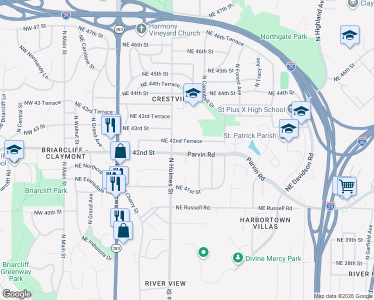 map of restaurants, bars, coffee shops, grocery stores, and more near 809 Northeast 42nd Terrace in Kansas City