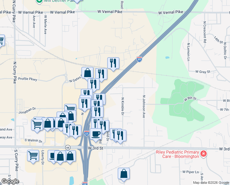 map of restaurants, bars, coffee shops, grocery stores, and more near Highway 37 in Bloomington