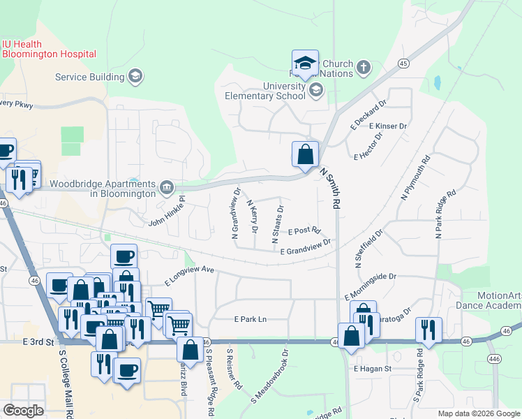 map of restaurants, bars, coffee shops, grocery stores, and more near 3524 East Hollywood Drive in Bloomington
