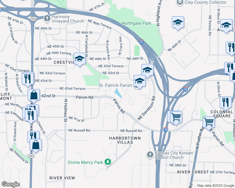 map of restaurants, bars, coffee shops, grocery stores, and more near 1308 Northeast Parvin Road in Kansas City