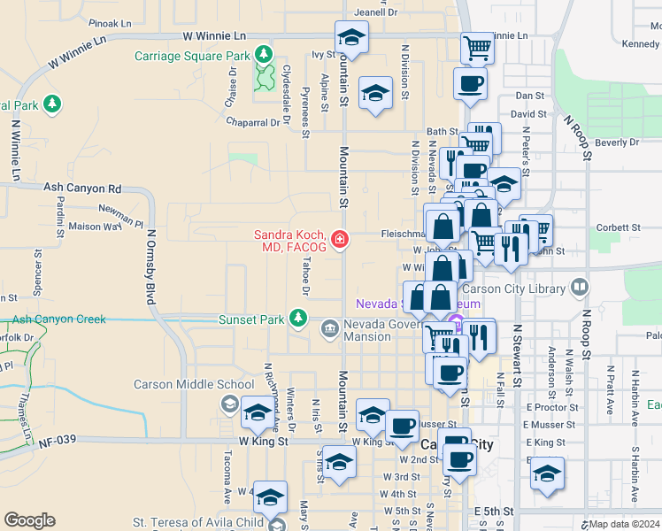 map of restaurants, bars, coffee shops, grocery stores, and more near 9 Marlette Drive in Carson City